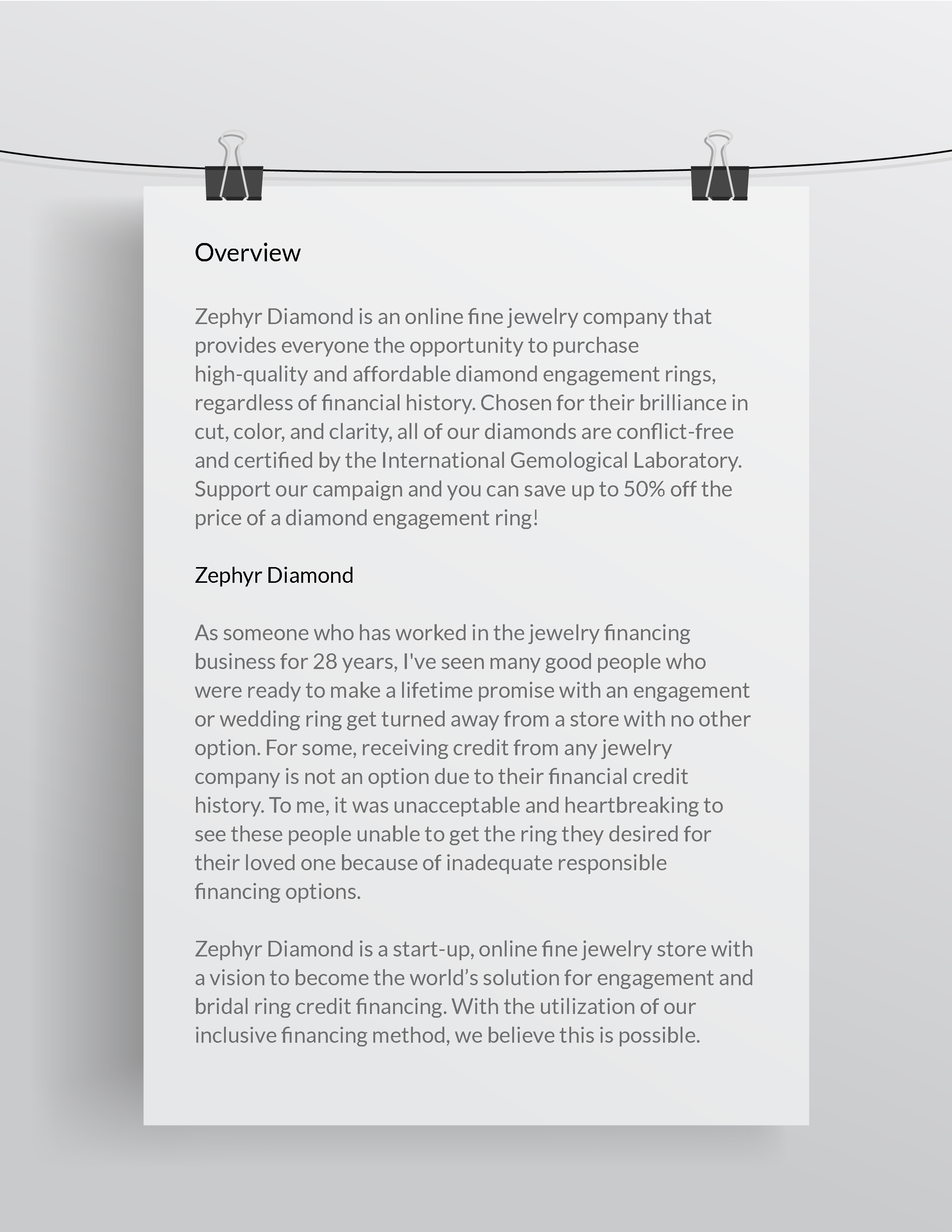 Zephyr Diamond Indiegogog Campaign Content